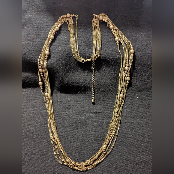 Gold Tone Layered Beaded Chain Long Statement Necklace - Picture 1 of 4